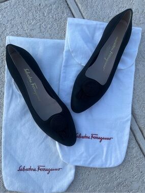 Salvatore Ferragamo Black Suede Tassel Pointed Flats